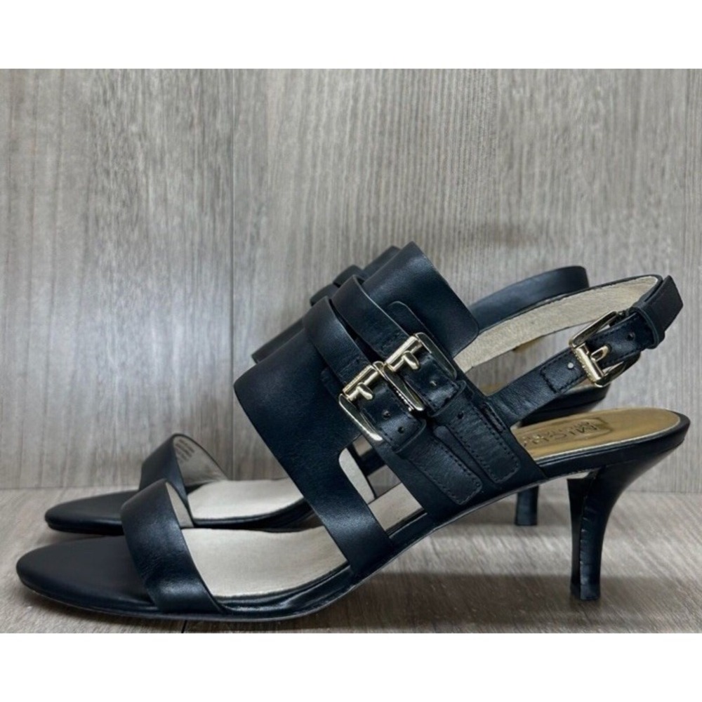 Michael Kors Sandals Sz 11 Melanie Gold Buckle Slingback Stiletto Leather Black